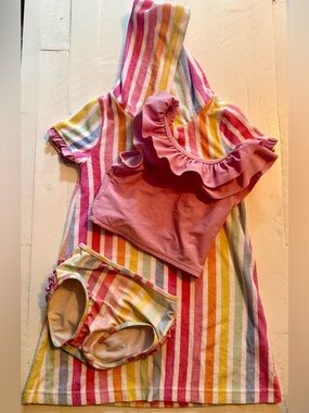 Girls Two-Piece Ruffle Butt’s Swim Set with Rainbow Hooded Cover-Up